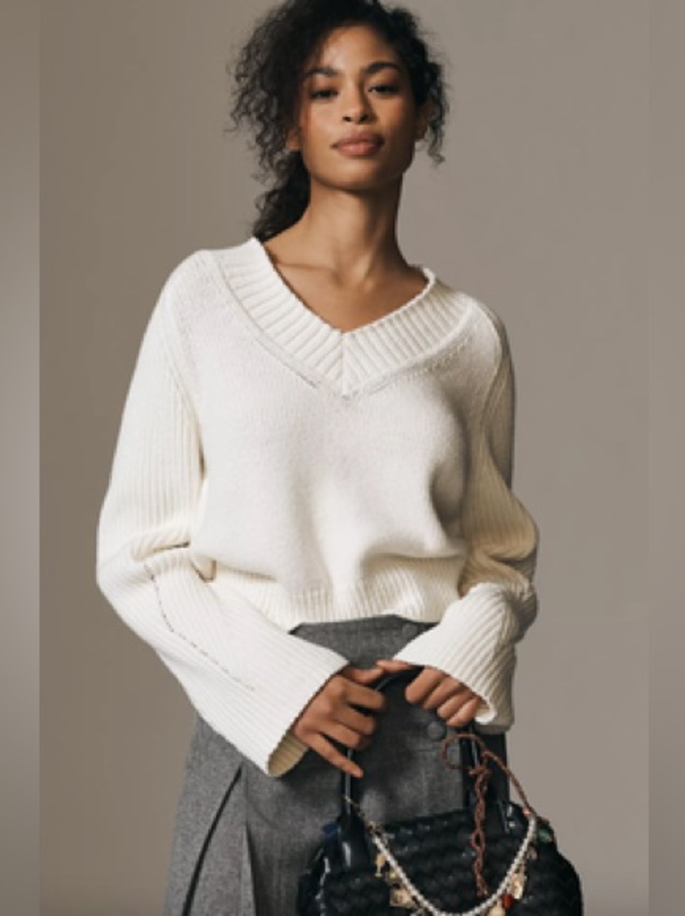 Anthropologie white flared sleeve knit v neck cotton wool blend sweater size XL